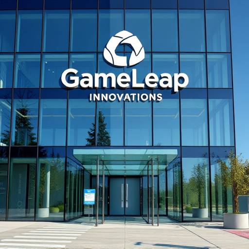 Company Headquarters: Modern glass building with the GameLeap Innovations logo prominently displayed at the entrance.