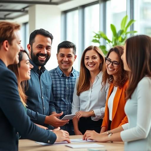 Our Team: A diverse group of professionals smiling and collaborating in a modern office environment.